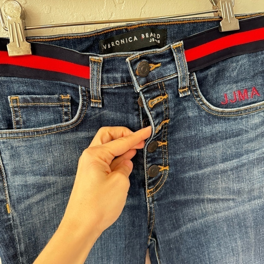 Veronica Beard Ankle Carolyn 10” Baby Bootcut Red Blue Elastic Waist Trim 26 - Picture 7 of 13
